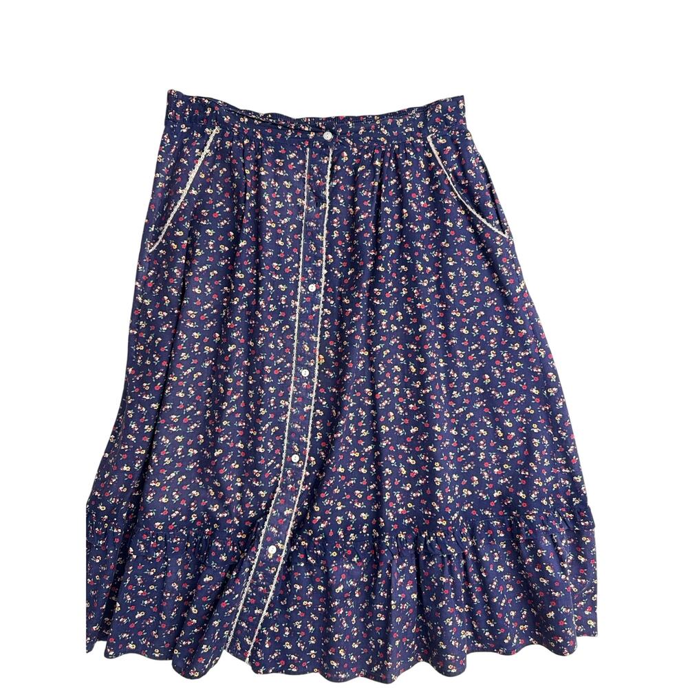 Eccobay Navy Blue Ditsy Floral Button Front Midi Skirt (182_P)